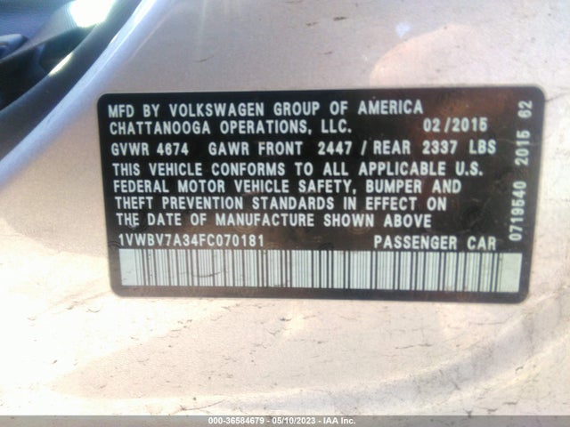 1VWBV7A34FC070181 Volkswagen Passat 2.0l Tdi Se W/sunroof
