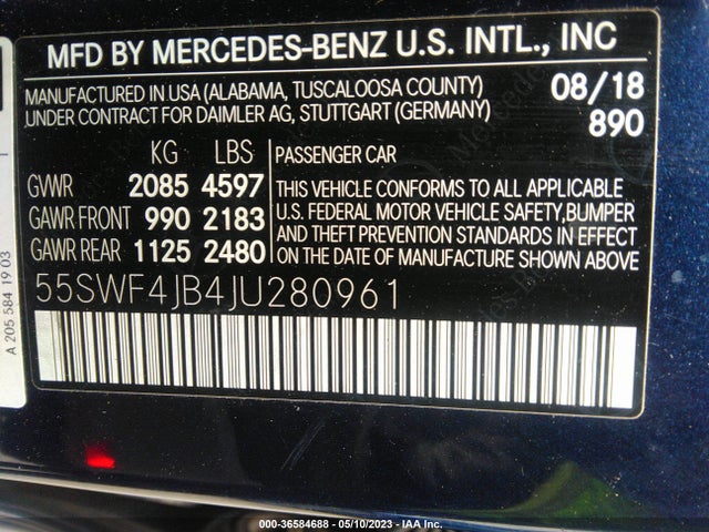 2018 MERCEDES-BENZ C-CLASS C 300 VIN: 55SWF4JB4JU280961