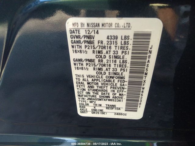 JN8AS5MTXFW652361 Nissan Rogue Select S