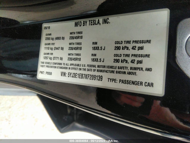 Tesla Model 3 Long Range/performance 2019 5YJ3E1EB7KF209139 Image 9