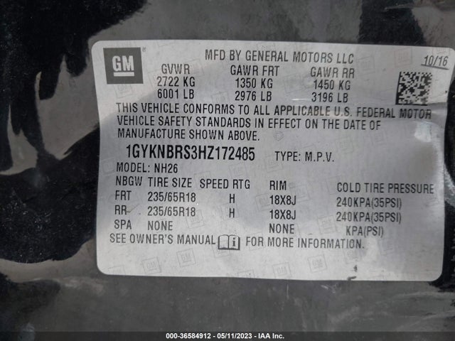 1GYKNBRS3HZ172485 Cadillac Xt5 Luxury Fwd