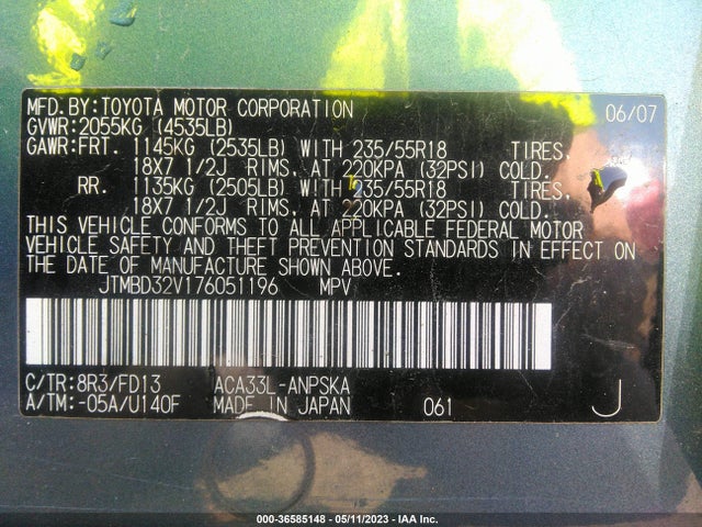 2007 TOYOTA RAV4 SPORT VIN: JTMBD32V176051196