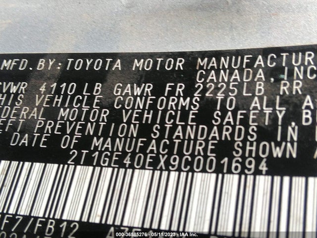 2009 TOYOTA MATRIX XRS VIN: 2T1GE40EX9C001694
