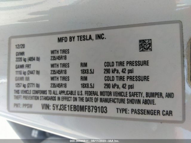 5YJ3E1EB0MF879103 Tesla Model 3 Long Range