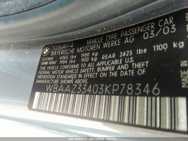 2003 BMW 3 SERIES 325I VIN: WBAAZ33403KP78346
