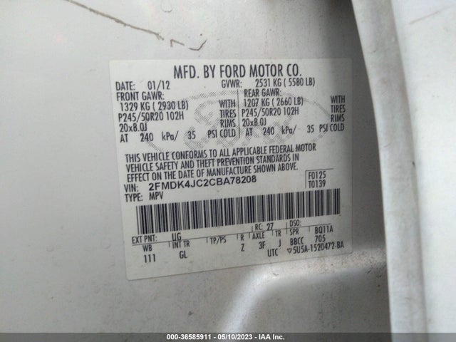 2012 FORD EDGE SEL VIN: 2FMDK4JC2CBA78208