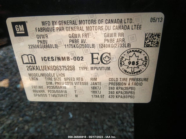 2013 GMC TERRAIN SLT VIN: 2GKALUEK6D6375258