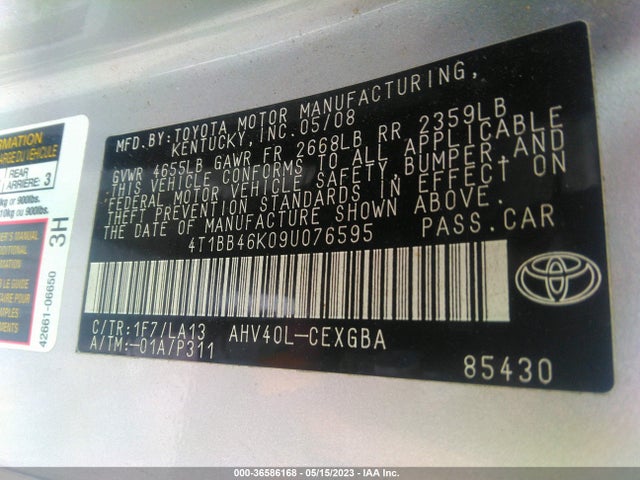 2009 TOYOTA CAMRY HYBRID VIN: 4T1BB46K09U076595