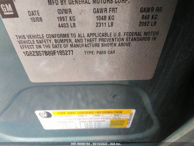 2009 SATURN AURA XE VIN: 1G8ZS57B89F185277