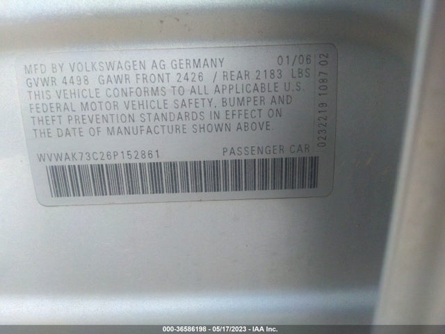 36586198 :رقم المزاد ، WVWAK73C26P152861 vin ، 2006 Volkswagen Passat Sedan Value Edition/2.0t مزاد بيع