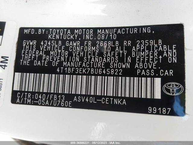 2011 TOYOTA CAMRY LE VIN: 4T1BF3EK7BU645822