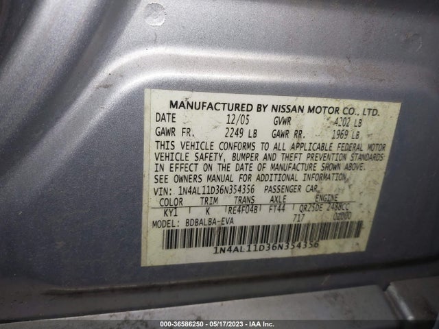 2006 NISSAN ALTIMA 2.5 VIN: 1N4AL11D36N354356
