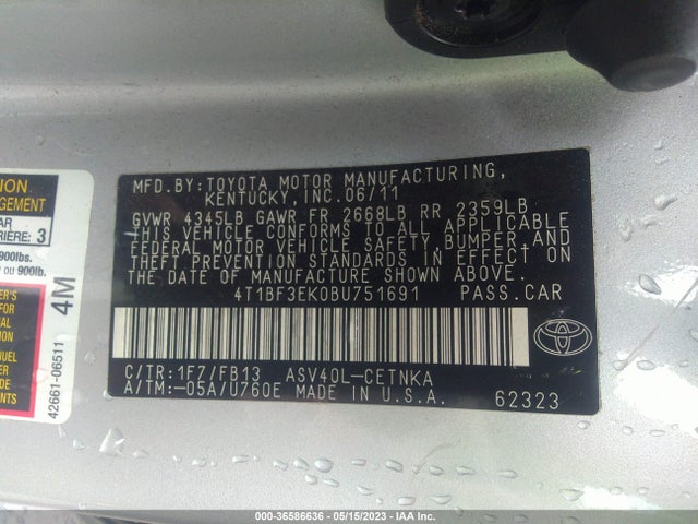2011 TOYOTA CAMRY VIN: 4T1BF3EK0BU751691