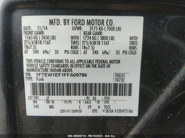 2015 FORD F-150 XLT VIN: 1FTEW1EF1FFA09786