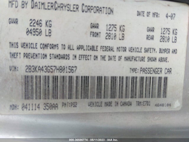 2007 DODGE CHARGER VIN: 2B3KA43G57H801567