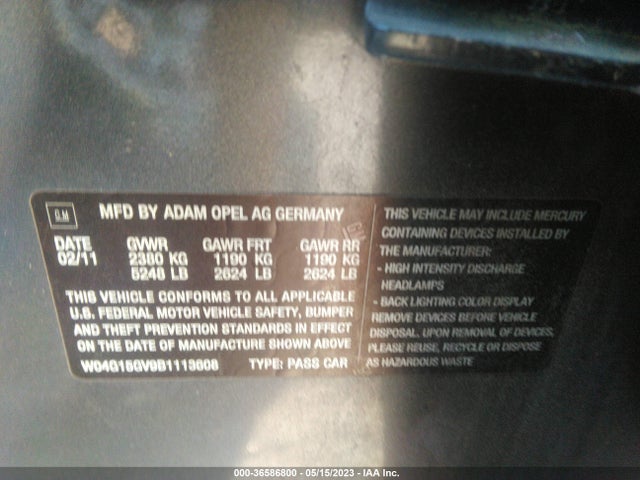 2011 BUICK REGAL CXL TURBO TO7 VIN: W04G15GV9B1113608