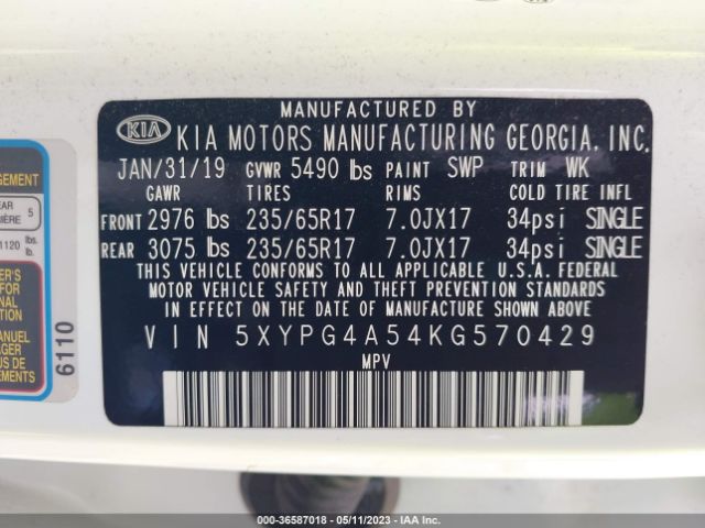 5XYPG4A54KG570429 KIA Sorento Lx V6