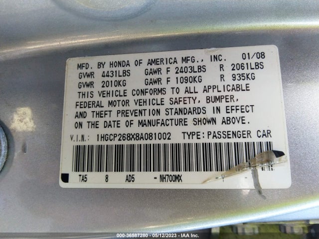 2008 HONDA ACCORD SDN EX-L VIN: 1HGCP268X8A081002