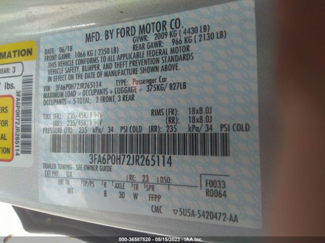 3FA6P0H72JR265114 Ford FUSION SE