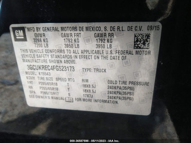 2015 CHEVROLET SILVERADO 1500 LT VIN: 3GCUKREC4FG523173