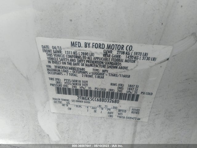2011 FORD FLEX SEL VIN: 2FMGK5CC6BBD32680