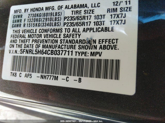 2012 HONDA ODYSSEY EX-L VIN: 5FNRL5H64CB037711