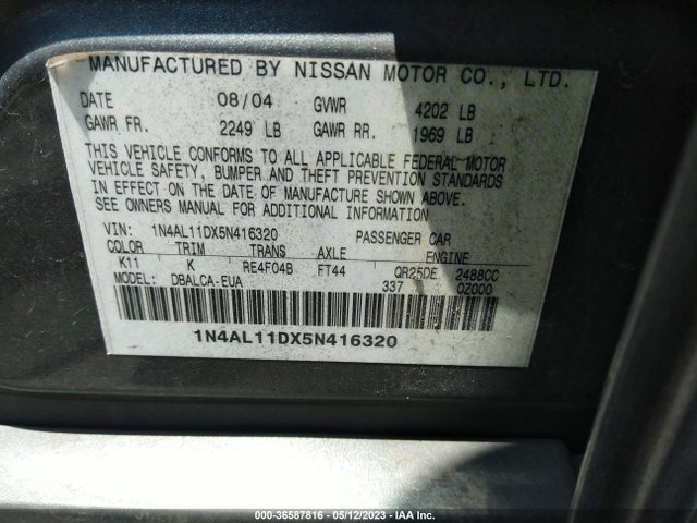 2005 NISSAN ALTIMA 2.5 S VIN: 1N4AL11DX5N416320