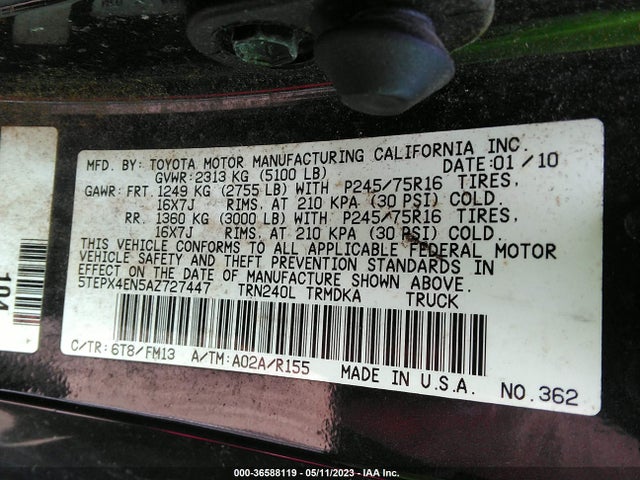 2010 TOYOTA TACOMA VIN: 5TEPX4EN5AZ727447