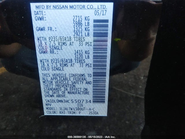 2017 INFINITI QX60 VIN: 5N1DL0MN3HC550734