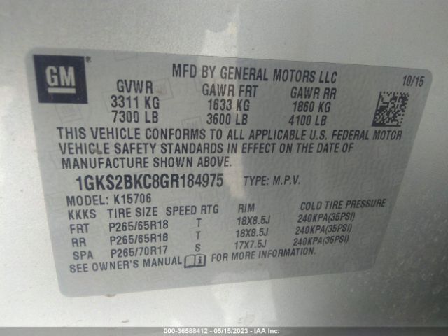 1GKS2BKC8GR184975 GMC YUKON SLT