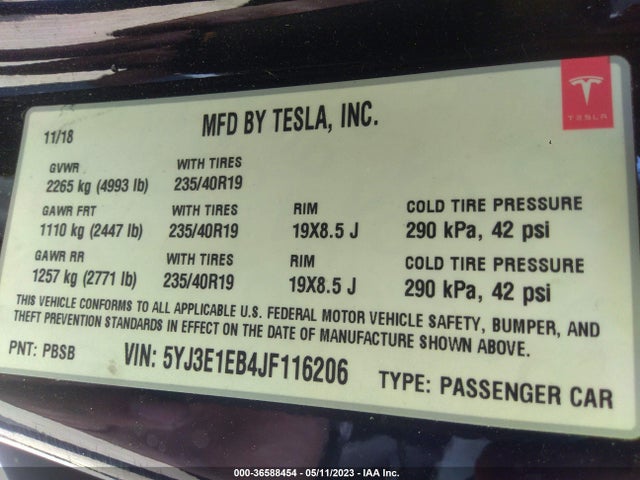 Tesla Model 3 Long Range 2018 5YJ3E1EB4JF116206 Image 11