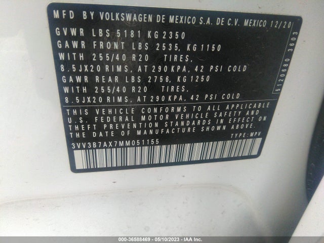 3VV3B7AX7MM051155 Volkswagen Tiguan Se/se R-line Black/sel