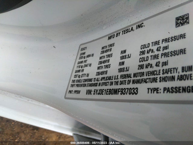 5YJ3E1EB0MF937033 Tesla Model 3 Long Range