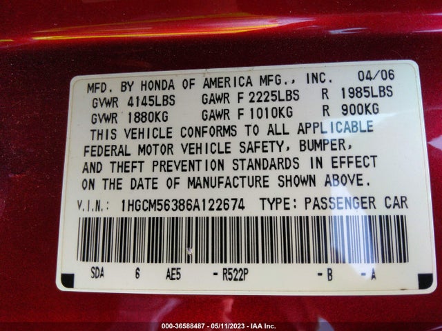 2006 HONDA ACCORD SDN LX SE VIN: 1HGCM56386A122674