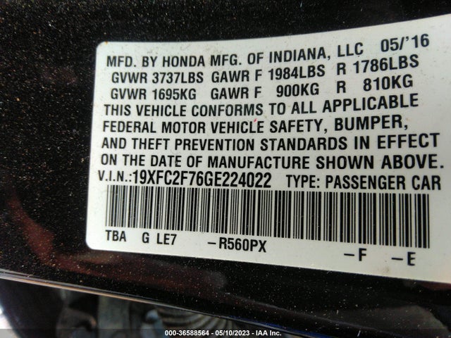 Honda Civic Sedan Ex 2016 19XFC2F76GE224022 Image 9