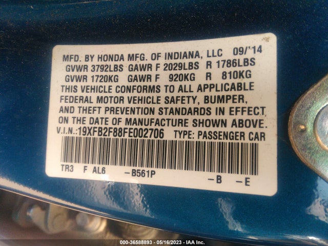 Honda Civic Sedan Ex 2015 19XFB2F88FE002706 Image 9