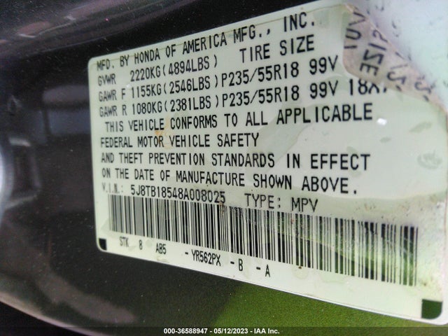 2008 ACURA RDX TECH PKG VIN: 5J8TB18548A008025