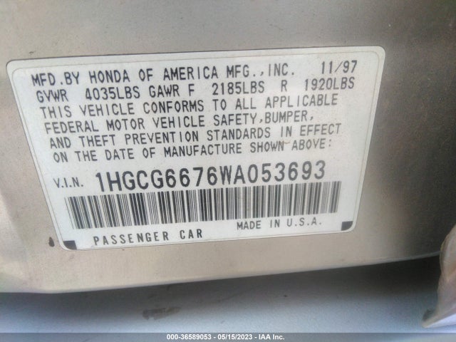 1998 HONDA ACCORD SDN EX VIN: 1HGCG6676WA053693