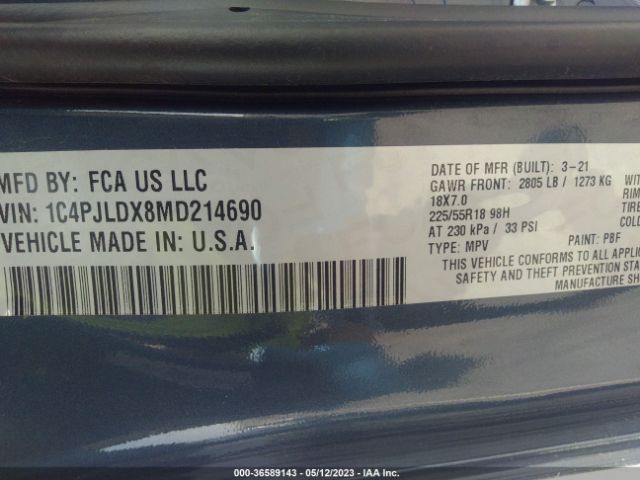 1C4PJLDX8MD214690 Jeep Cherokee Limited