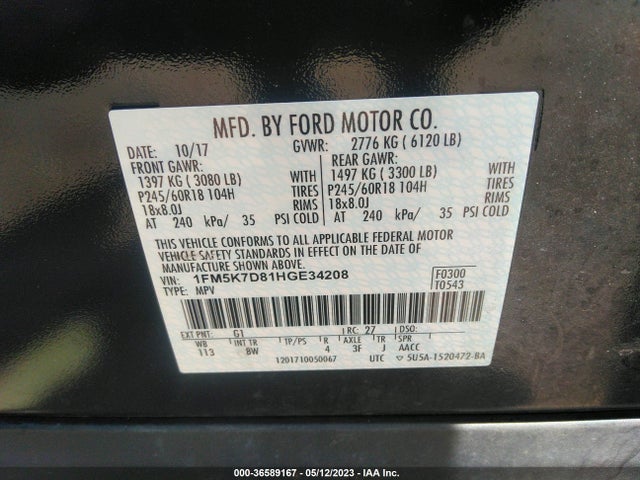 2017 FORD EXPLORER XLT VIN: 1FM5K7D81HGE34208