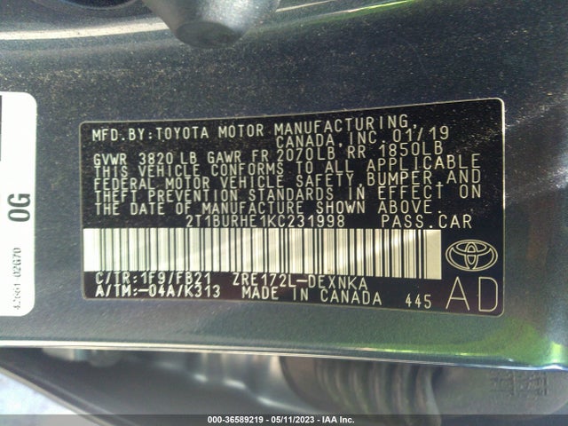 2019 TOYOTA COROLLA L/LE/SE/XLE/XSE VIN: 2T1BURHE1KC231998