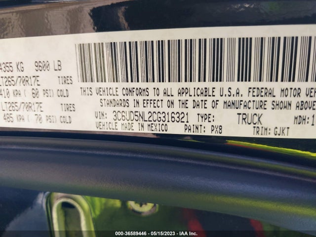 2012 RAM 2500 LARAMIE VIN: 3C6UD5NL2CG316321