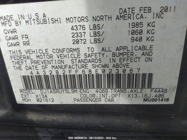 2011 MITSUBISHI GALANT FE VIN: 4A32B2FF6BE023067