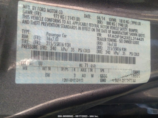 2014 FORD FOCUS SE VIN: 1FADP3K2XEL314425