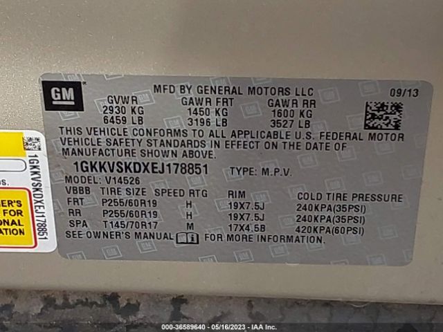 1GKKVSKDXEJ178851 GMC ACADIA SLT