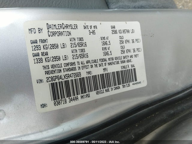 Aukcja sprzedaży 2005 Chrysler Town & Country Limited, vin: 2C8GP64LX5R472669, numer aukcji: 36589791