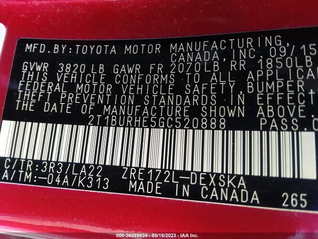 Toyota Corolla S 2016 2T1BURHE5GC520888 Image 10