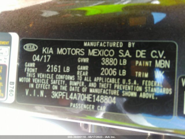 3KPFL4A70HE148804 KIA FORTE LX
