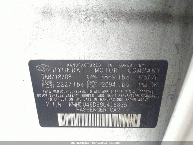2008 HYUNDAI ELANTRA GLS/SE VIN: KMHDU46D68U416335