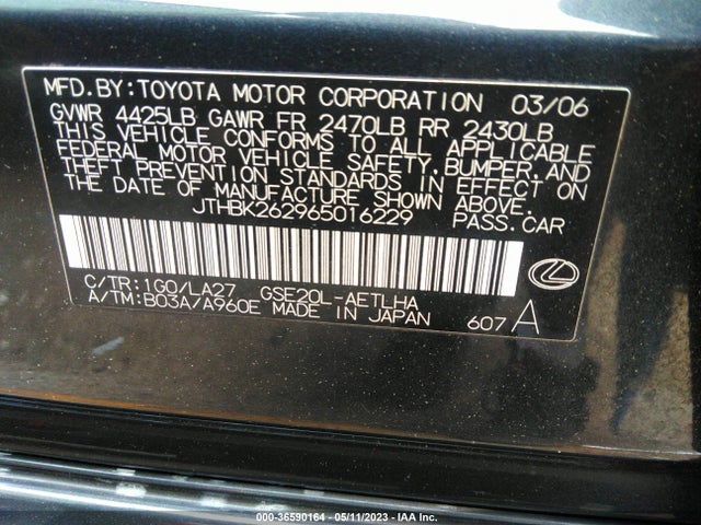2006 LEXUS IS 250 MANUAL/AUTO VIN: JTHBK262965016229